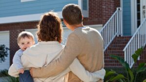 Family of three standing outside a house