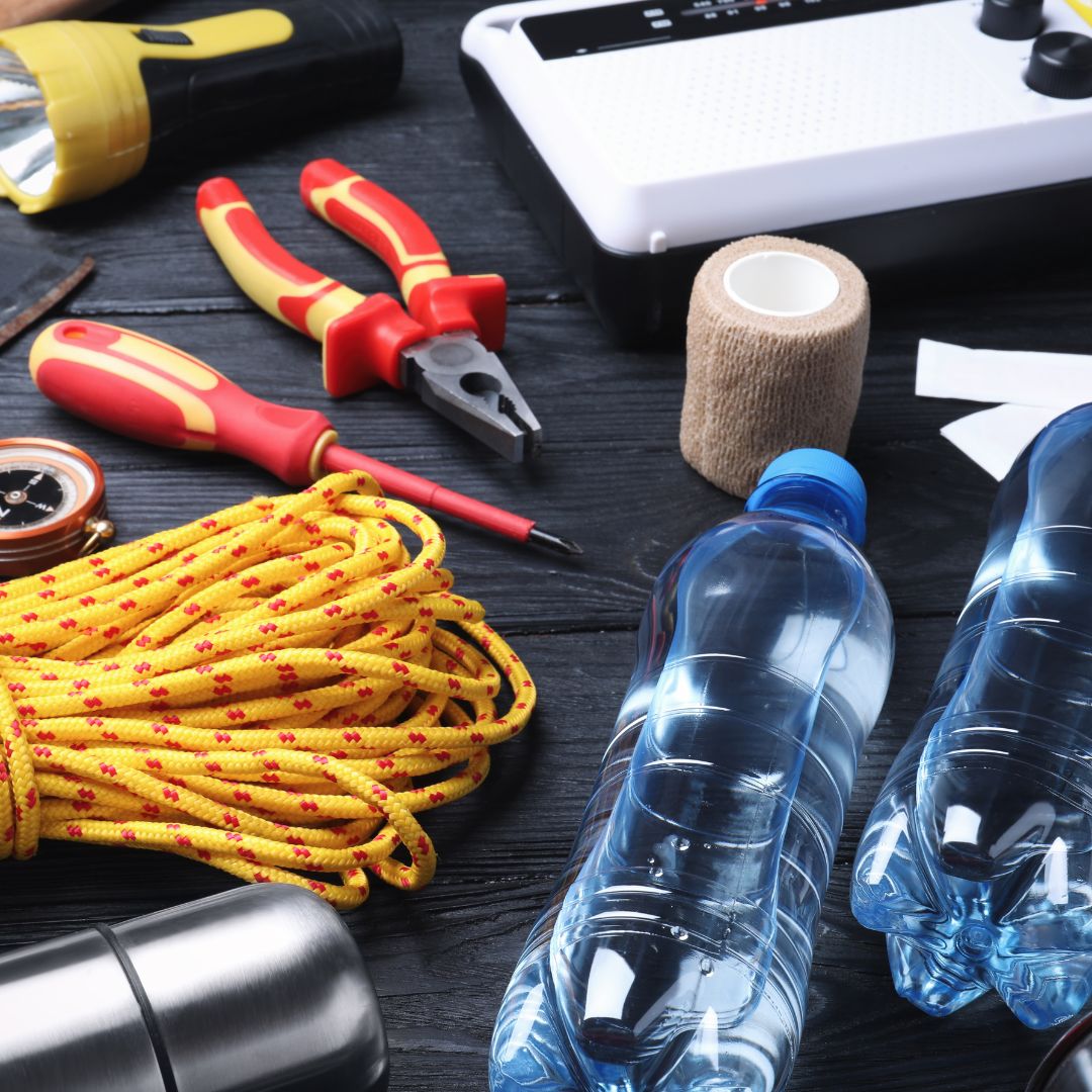 emergency supplies on a table