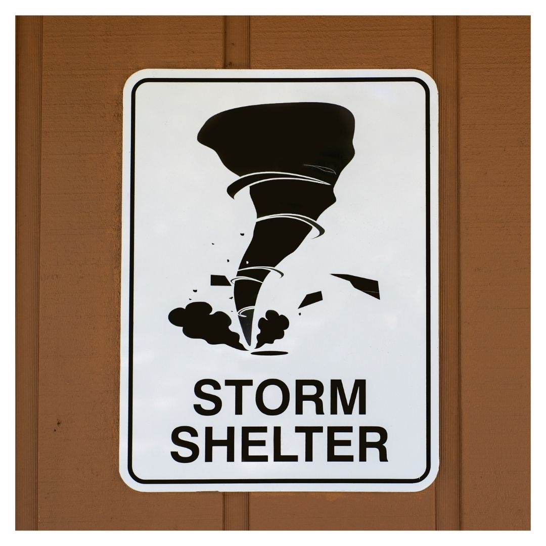 A storm shelter sign