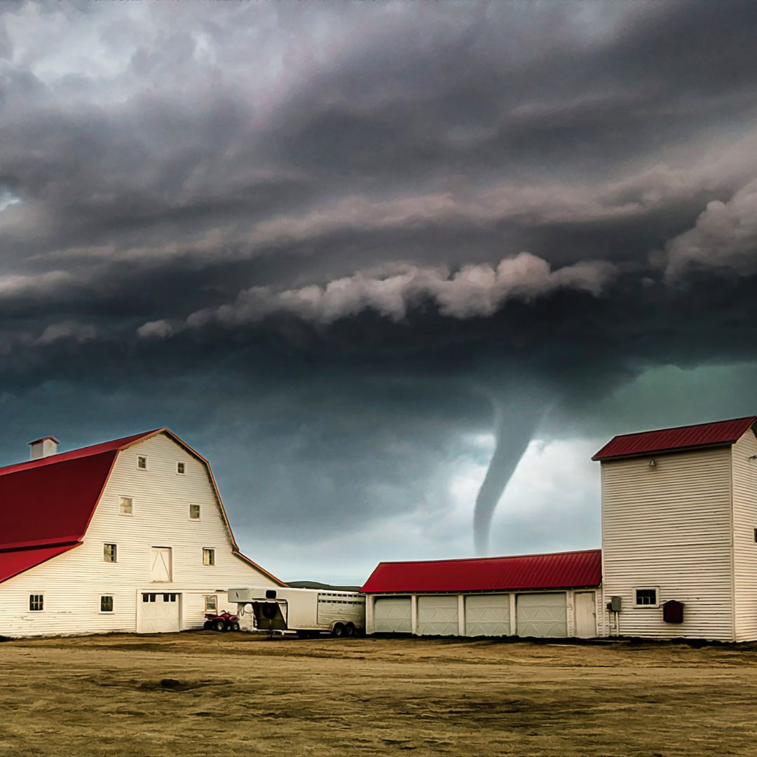 Tornado near barns under stormy, dark sky