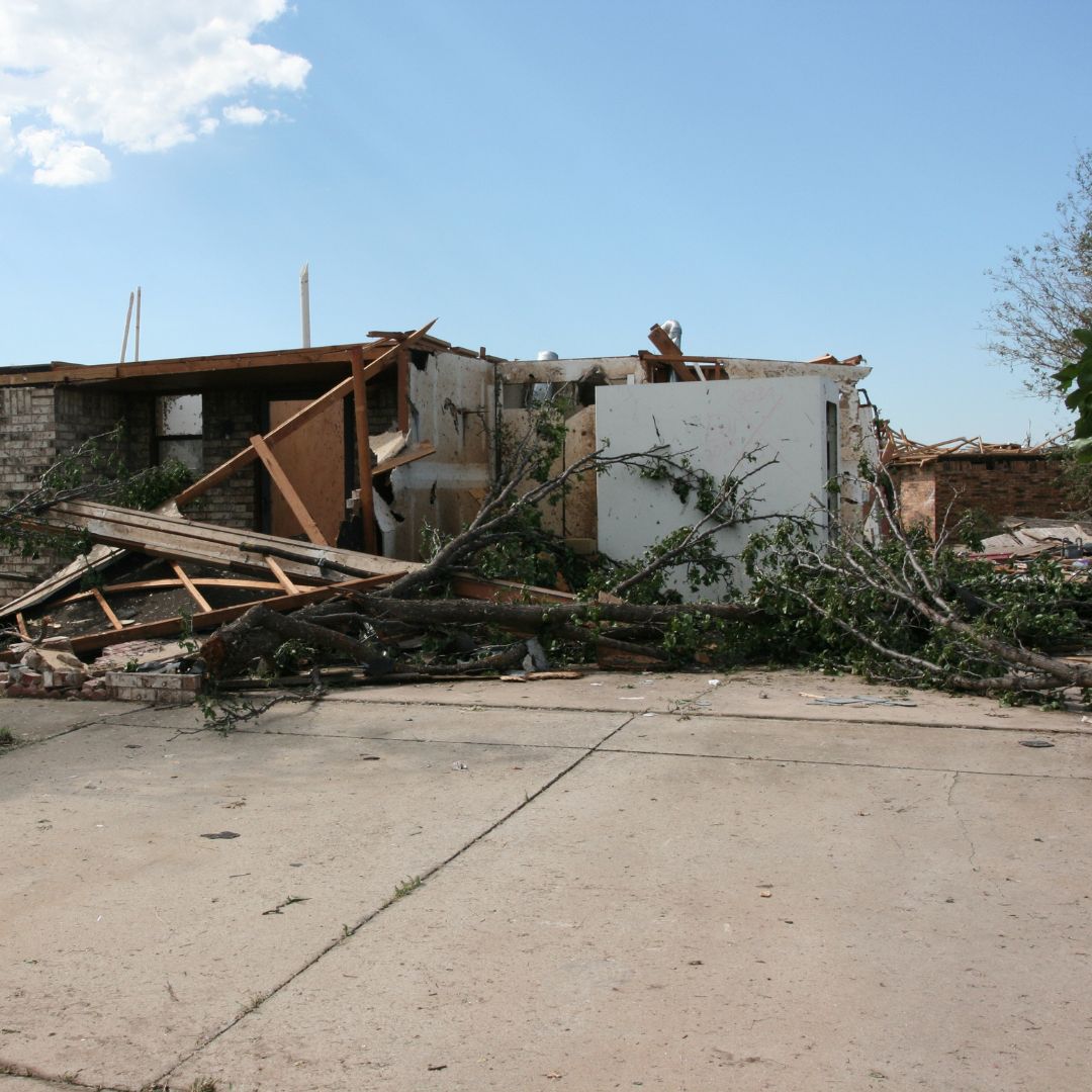 Destroyed building with debris and fallen tree branches
