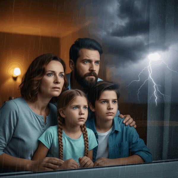 Family watching storm