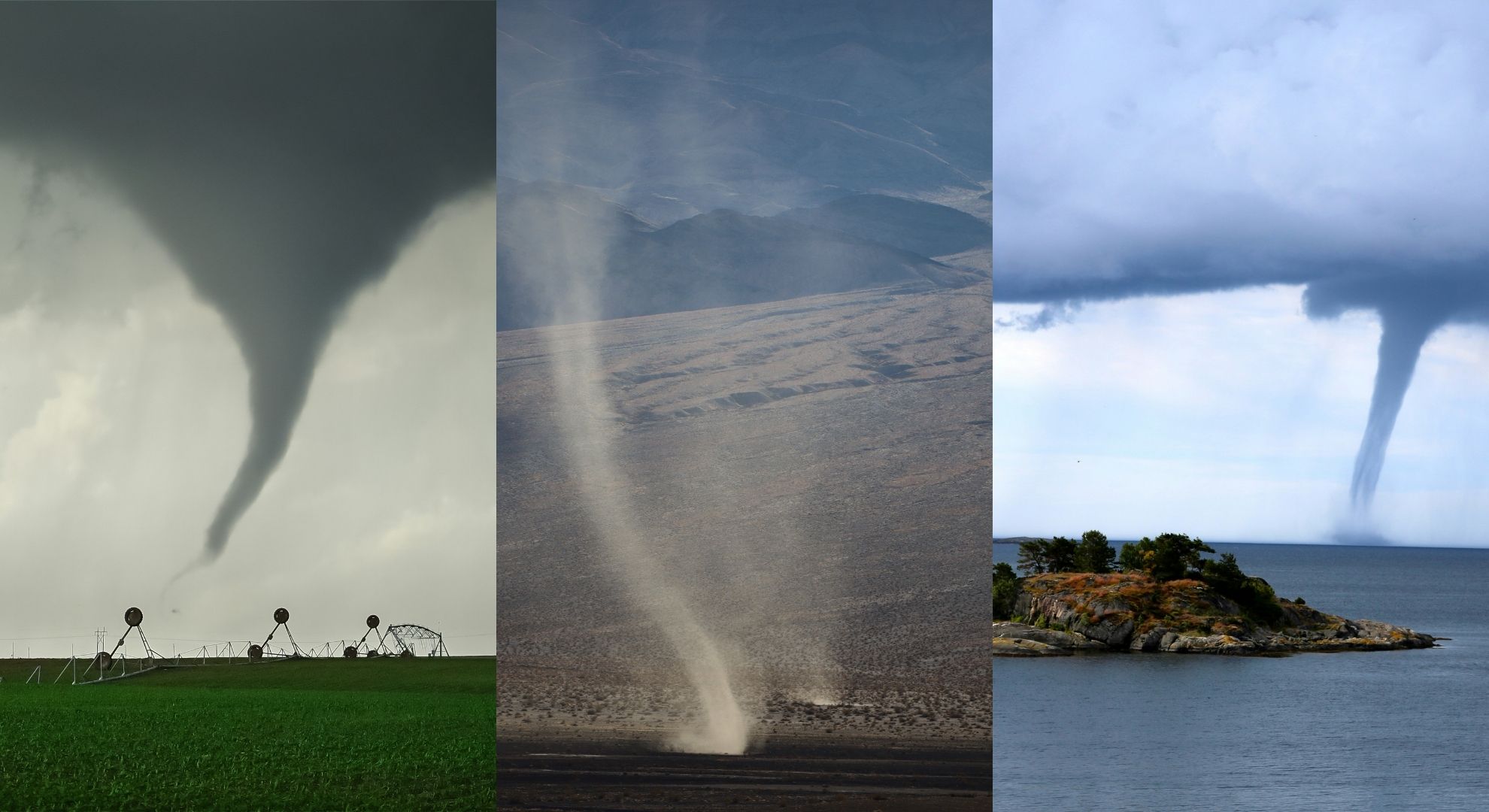 collage showing a tornado, a funnel cloud, and a waterspout