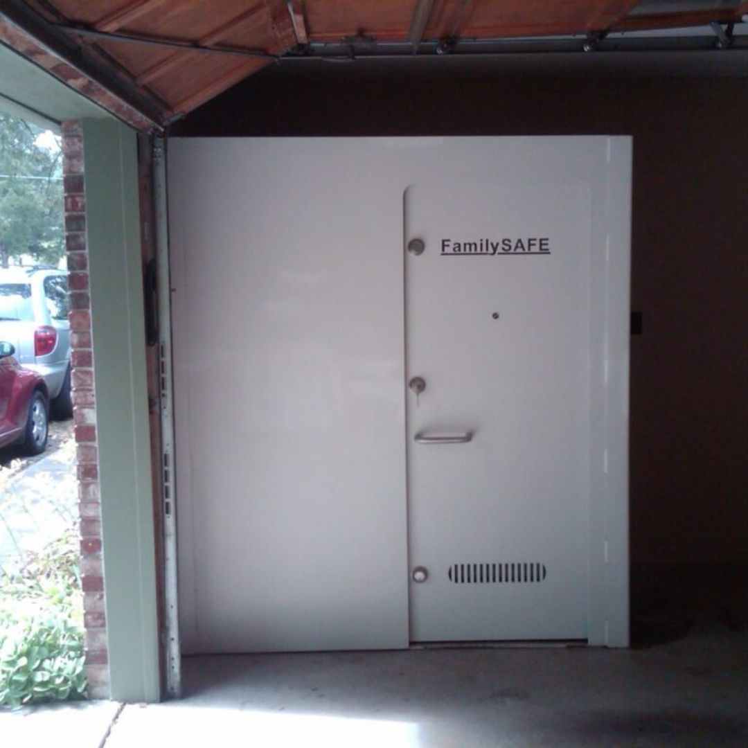 a FamilySAFE tornado shelter installed in a garage