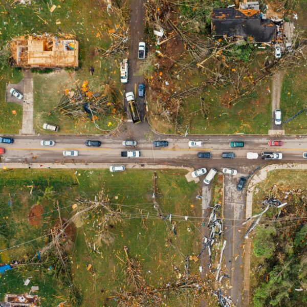 aerial view of houses destroyed by tornado