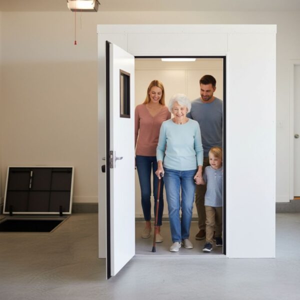 A multi-generational family (young couple, elderly woman with a cane, and child) easily steps into an above-ground storm shelter installed in a garage, emphasizing accessibility and quick entry. A below-ground shelter opening is visible in the background for contrast.