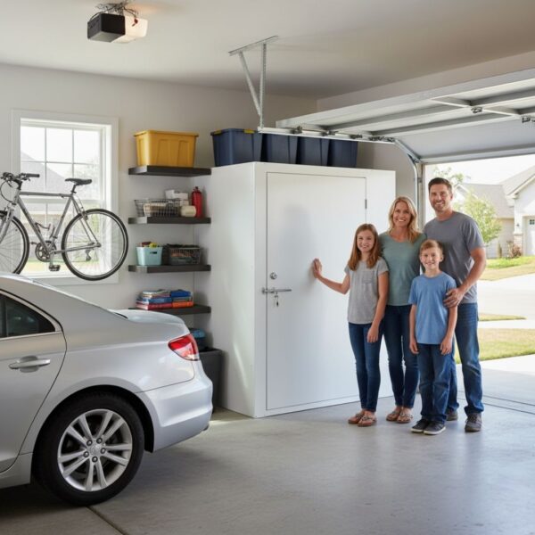 A family of four smiles while standing next to their securely installed, white above-ground storm shelter located in the corner of their organized residential garage.