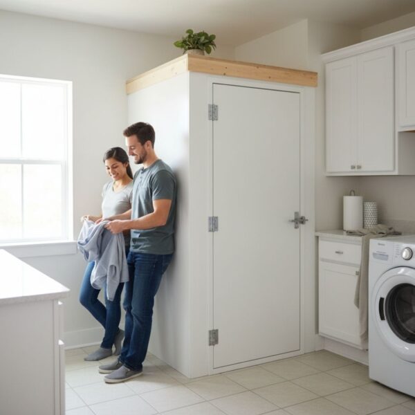 A couple stands in a bright, modern laundry room next to a white above-ground storm shelter, demonstrating discreet installation and versatility in an existing residential space.