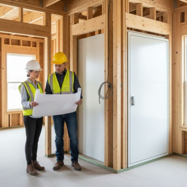 two construction professionals (one male, one female, wearing hard hats and safety vests) review blueprints next to a white storm shelter being integrated directly into the wooden framing of a new construction home.
