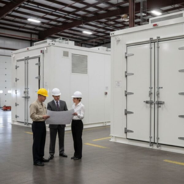 Three professionals (an engineer, a man in a suit, and a woman in business attire) discuss blueprints near several large, commercial-grade storm shelters installed in an expansive industrial warehouse.