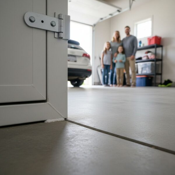 A close-up, ground-level shot emphasizing the secure base and sealed seam of a storm shelter anchored to a concrete slab, with a blurred family and car standing in the background, focusing on the stability of the foundation.