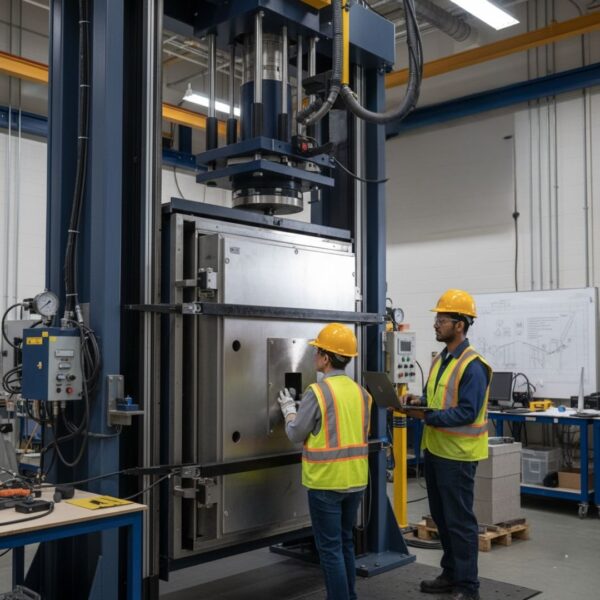 Two engineers, wearing yellow hard hats and safety vests, are working in a laboratory setting with a large, blue and silver hydraulic testing machine. The machine appears to be performing a structural integrity test on a large, flat metal panel. One person is looking at the panel, while the other holds a laptop.