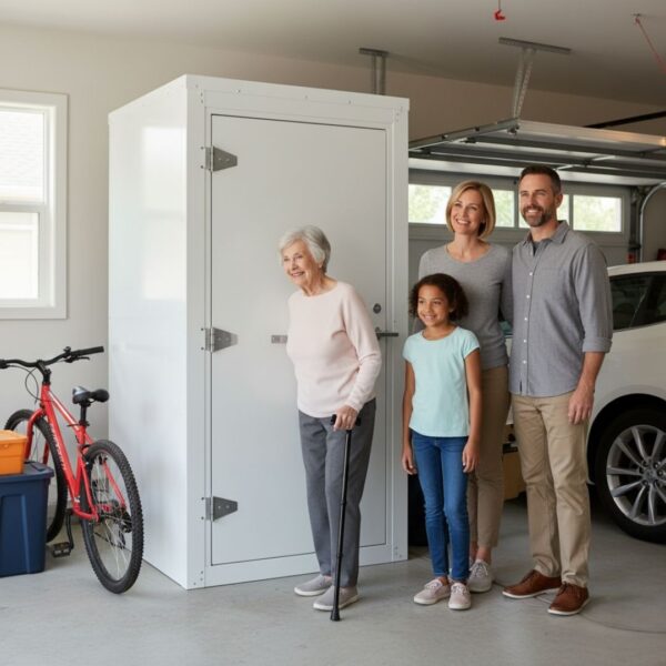 A multi-generational family (grandmother with a cane, mother, father, and young daughter) smiles while standing next to a white, modular storm shelter installed inside a residential garage. A red bicycle and storage bins are visible nearby.