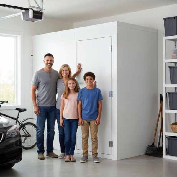 A smiling family of four (mother, father, daughter, and son) stands in front of a white, square storm shelter installed in their residential garage. Shelving with storage bins, a black car, and a bicycle are visible on the sides.