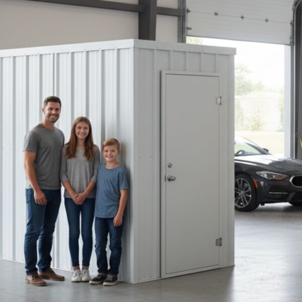 A smiling family of three (father, teenage daughter, and young son) stands next to a white, metal storm shelter located inside a large garage or commercial space. A black car is visible in the background through an open bay door.
