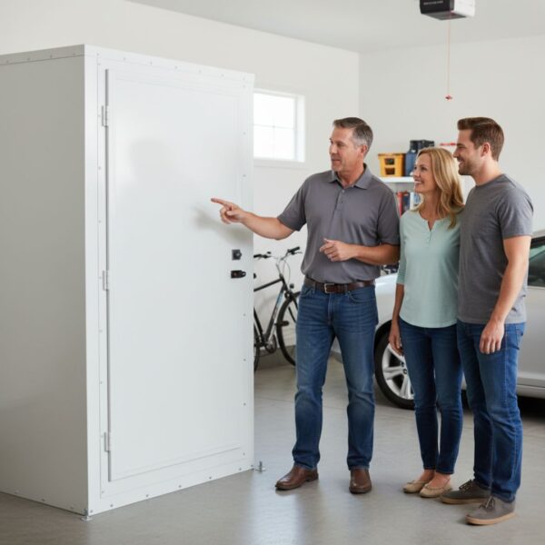 A salesperson points to the door of a white storm shelter while discussing it with a smiling couple inside a clean residential garage. A bicycle and a white car are visible in the background.