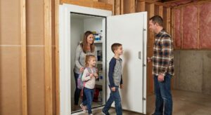 Family leaving tornado shelter