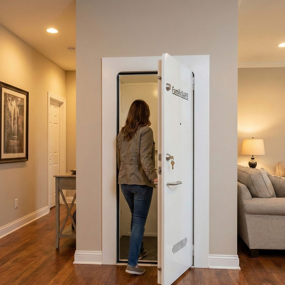 woman entering storm shelter