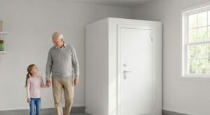 Grandpa and grand daughter next to storm shelter