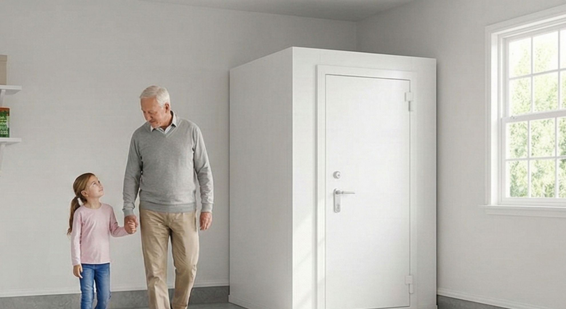 Grandpa and grand daughter next to storm shelter