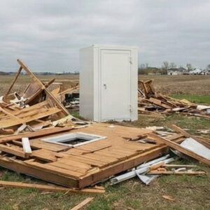 Storm shelter standing among rubble
