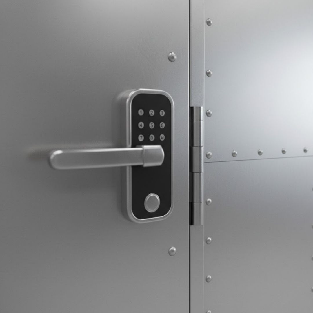 A detailed close-up shows the heavy-duty steel bolts and reinforced hinges of a precision-engineered safety door.