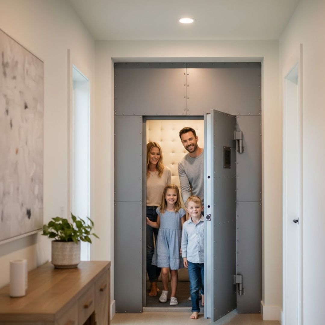 A family comfortably accesses an above-ground safe room located directly inside their home's hallway.