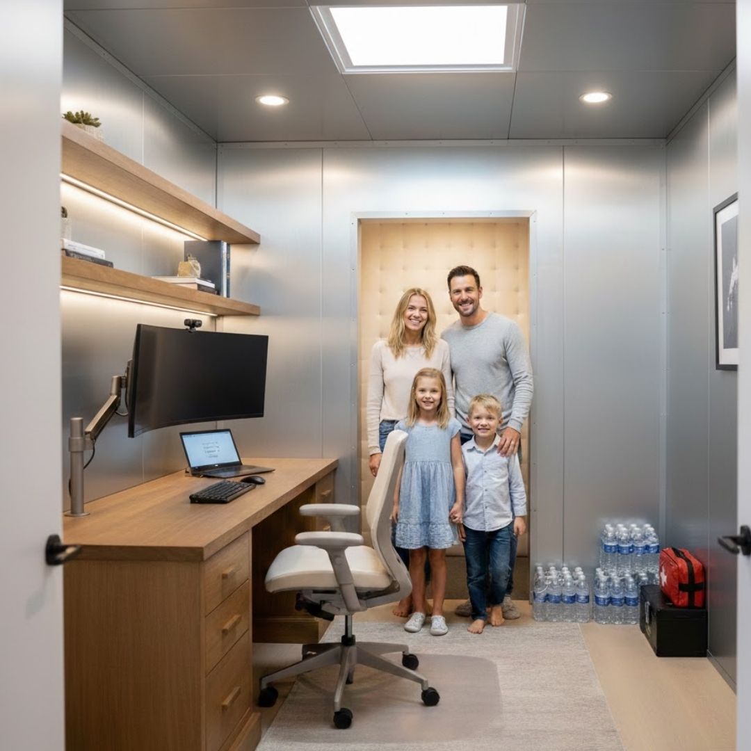The interior of a custom safe room is efficiently organized to serve as both a secure sanctuary and a functional home office.