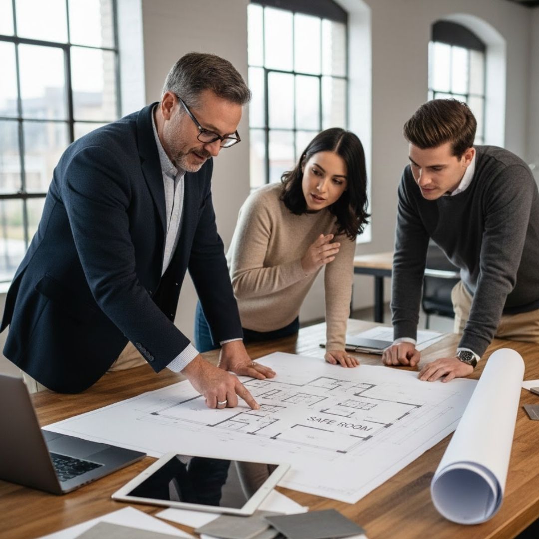 A professional consultant and a couple review custom architectural blueprints to plan a safe room installation for their unique home layout.