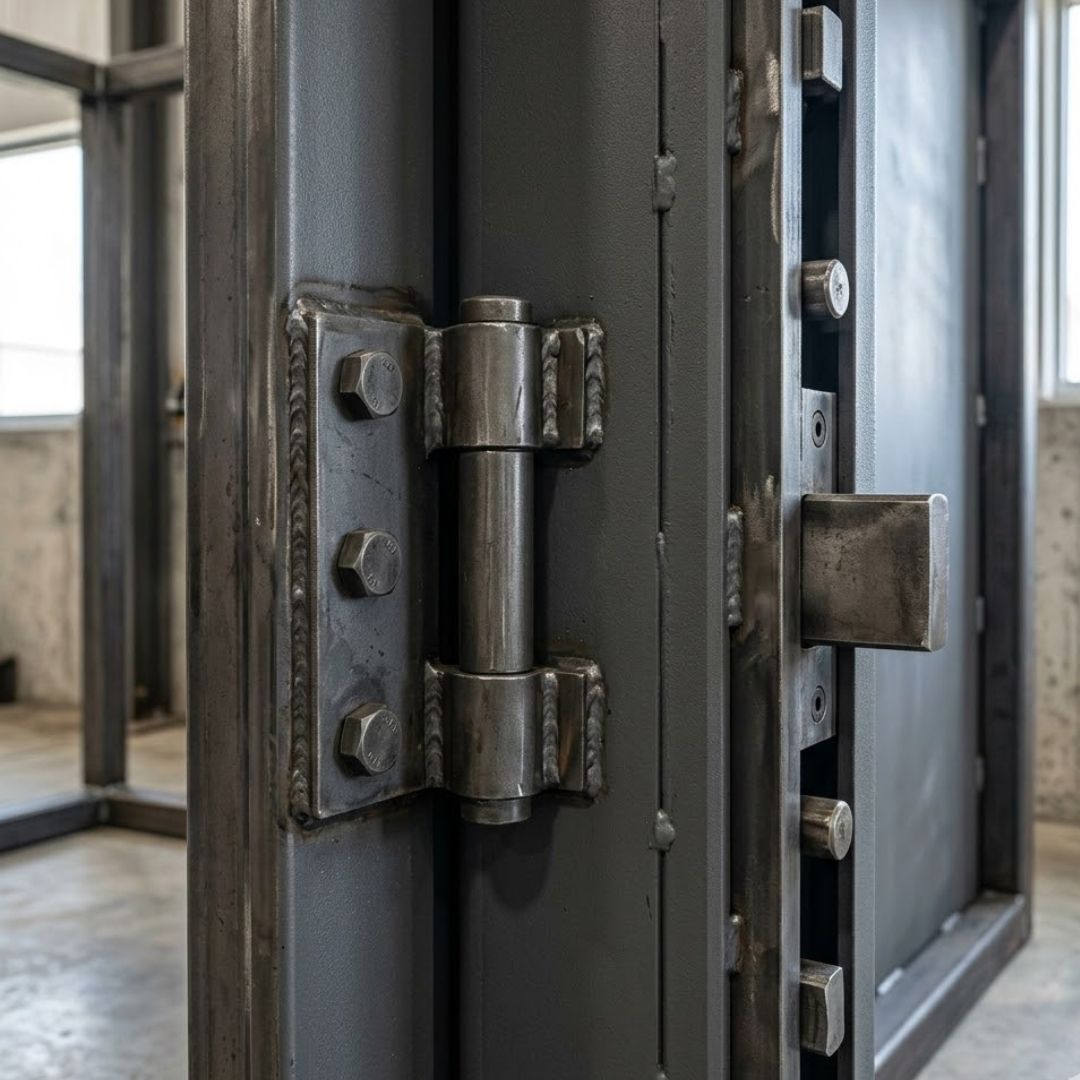 Detail shot of heavy-duty hinges and locking mechanism on a storm shelter door.