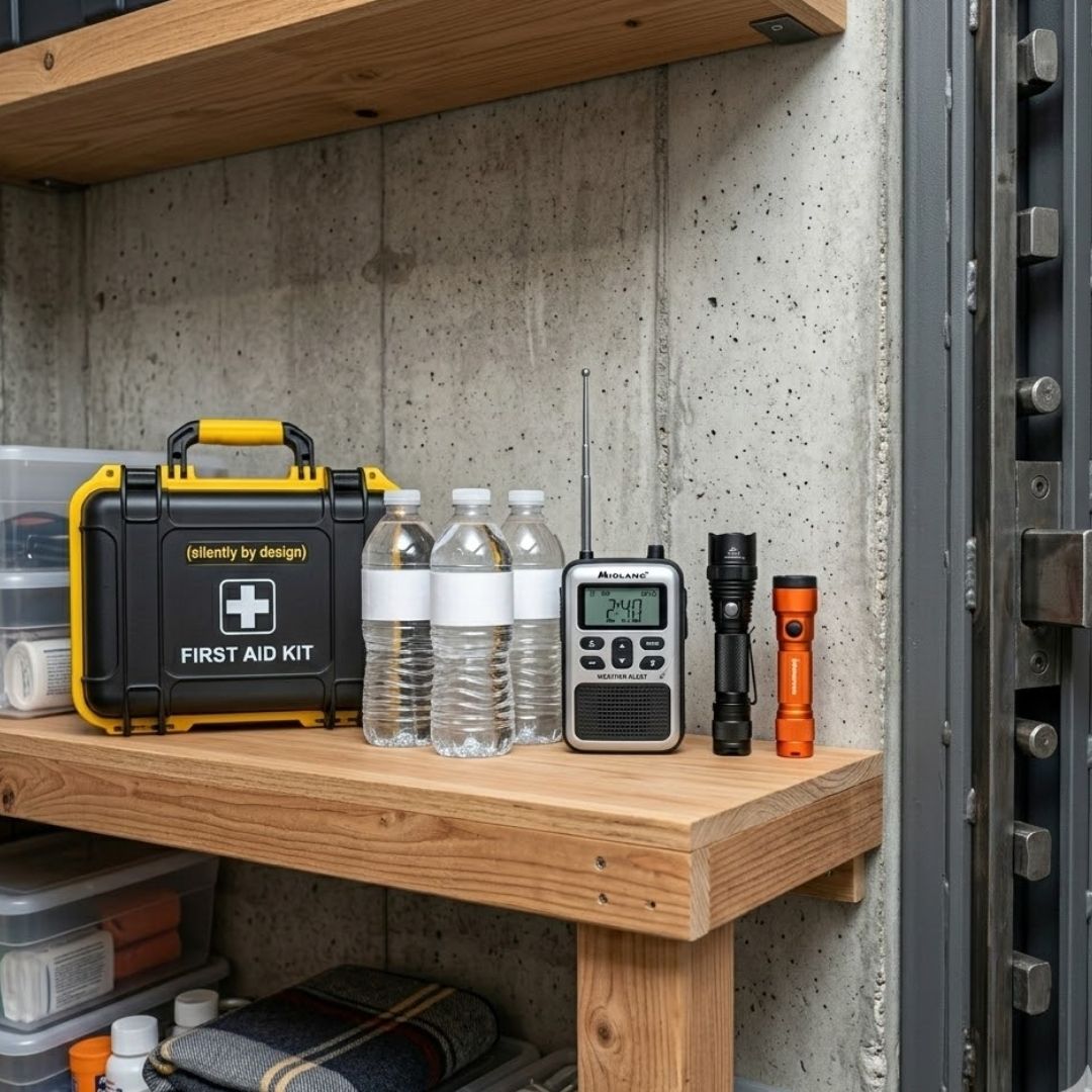 Organized emergency supplies including a first aid kit and radio on a shelf inside a shelter.