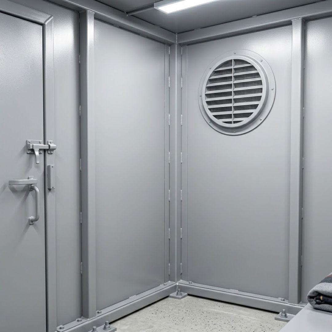 Interior view of a clean storm shelter wall showing a clear, unobstructed ventilation vent.