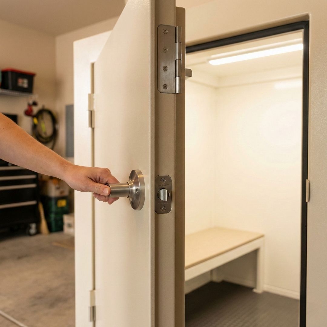 The accessible no-pinch door system of a FamilySAFE storm shelter.