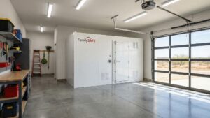 A professionally installed FamilySAFE above-ground steel storm shelter inside a Texas home garage.
