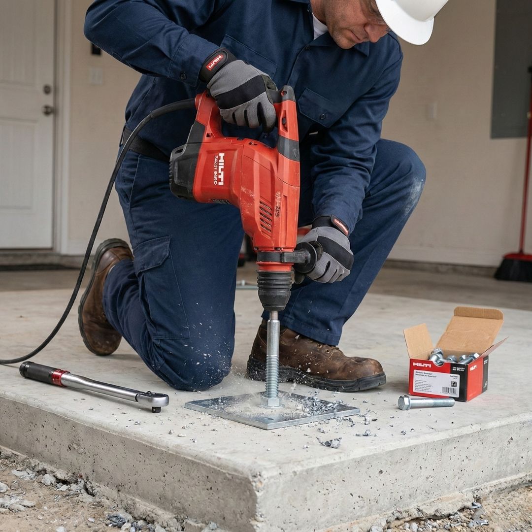 A professional technician anchoring a FamilySAFE storm shelter to a concrete floor.