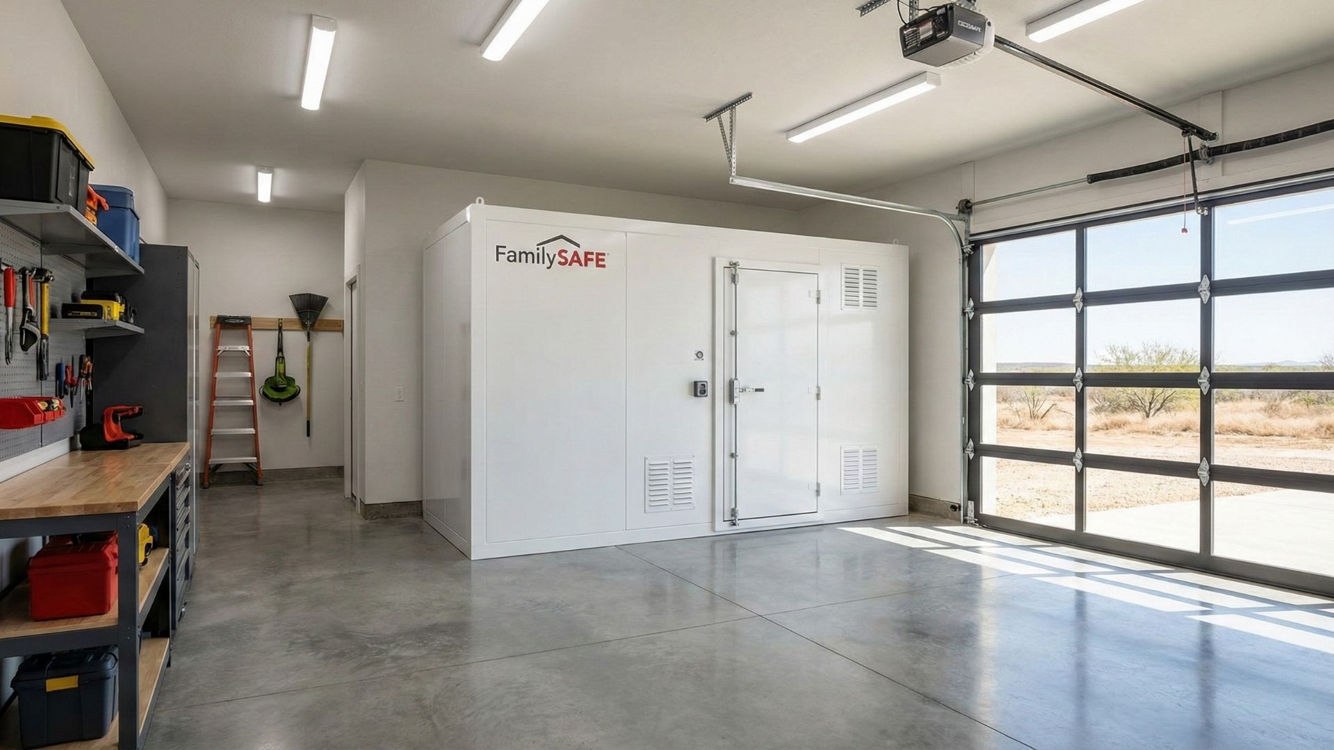 A professionally installed FamilySAFE above-ground steel storm shelter inside a Texas home garage.