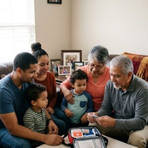 A family gathers inside their cozy home around a table with a portable emergency supply kit.