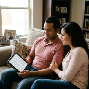 A relaxed couple sits on a couch in their cozy Dallas home living room, discussing architectural plans on a tablet