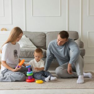 A family with a young child playing in the living room
