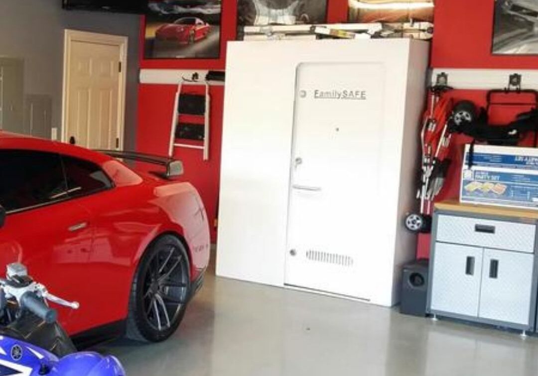 a storm shelter in a garage